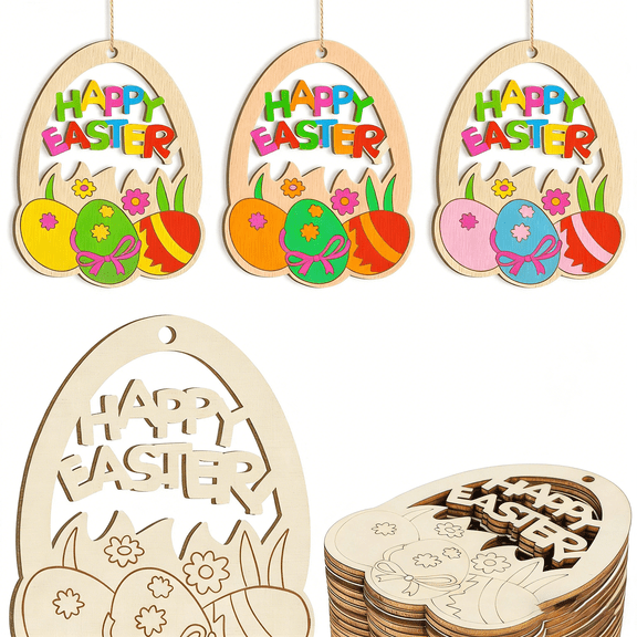Easter Wooden Chip Hanging Decorations, Small Household Items, Wooden Eggs,Hand-painted DIY Wooden Chips, Perfect Easter Decorations Gifts, Home Decor (Beige)