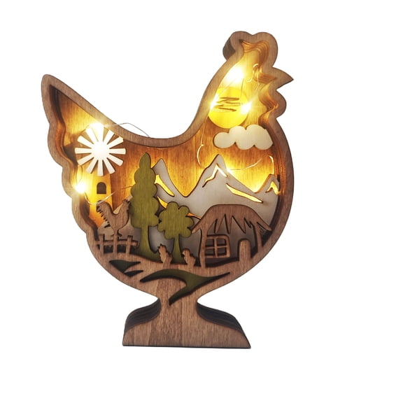 Easter Wooden Craft Ornament Hen Figurine With Led Lights, Spring Themed Butterfly & Home Decor Accent, Wooden Cutout Mountain Windmill Scenery For Festive Celebration