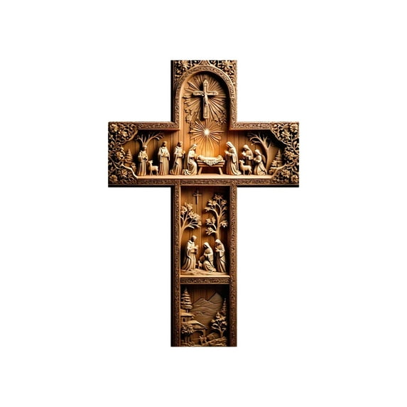 Easter Wooden Cross Hanging Ornament, 11.81x7.87in Exquisite Crucifix Carved Religious Wall Decor for Front Door & Wall, Easter Decorations