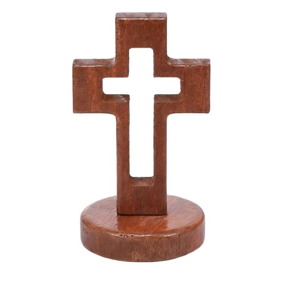 Easter Wooden Cross with Stand, 12x7cm Openwork Standing Cross for Tabletop, Easter Christmas Decor, Christian Home Altar Gifts for Baptism First Communion