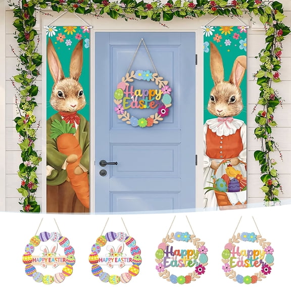 Easter Wooden Egg Wreath Door Hanger - Rustic Farmhouse Front Porch Hanging Decor, Cute Easter Egg Garland Pendant, Durable Indoor Outdoor Home & Door Holiday Decoration, 11*11in, B