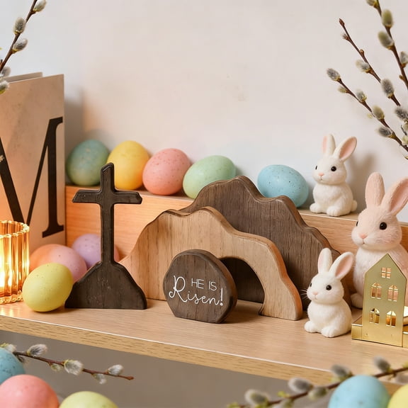 Easter Wooden Empty Tomb Decor Set, "He Is Risen" Resurrection Scene Figurines, Rustic Wood Tabletop Decor for Home Office Shelf, Christian Easter Decoration