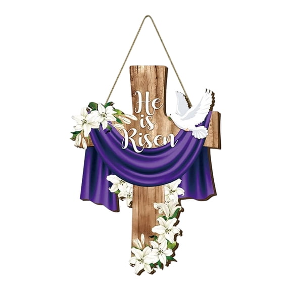 Easter Wooden Hanging Decoration – “He Is Risen” Cross Plaque for Door, Wall, or Home Display, Rustic 2D Easter Egg & Carrot Theme