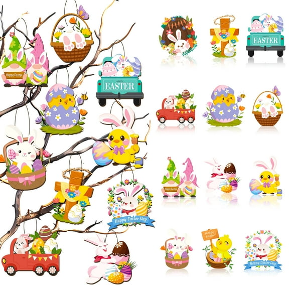 Easter Wooden Hanging Ornaments, 36 Pcs Happy Easter Wooden Ornaments Set - Easter Tree Decorations, Easter Hanging Tree Decorations & Easter Mini Tree Ornaments for Easter Party Decorations Supplies