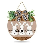 Easter Wooden Hanging Sign Bunny Rabbit Welcome Sign Door Decoration with Bow Rustic Easter Wood Wreath Sign for Easter Spring Holiday Home Coffee Shop Bakery Farmhouse Window