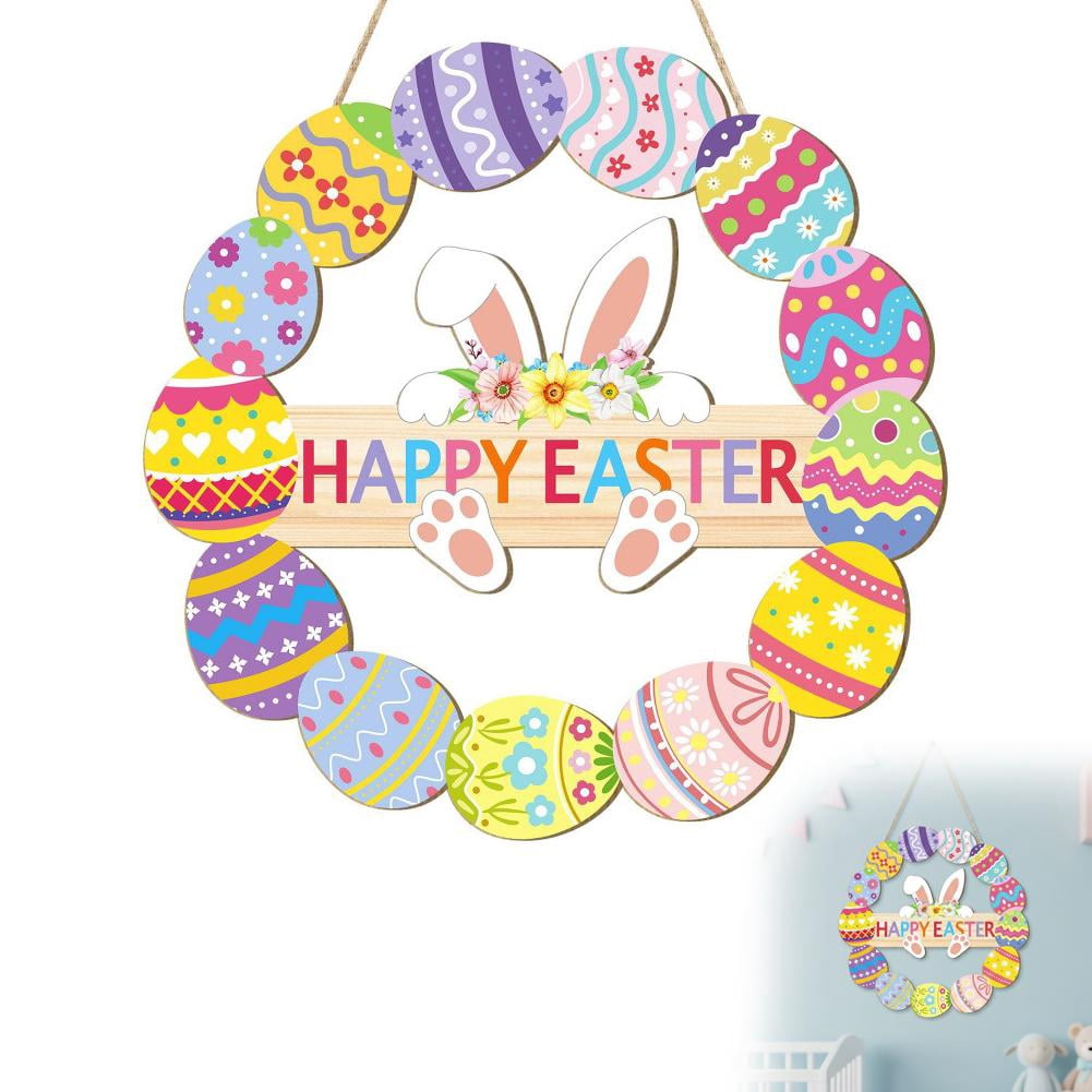 Easter Wooden Hanging Sign With Bunny Ears And Eggs Decoration For Door ...