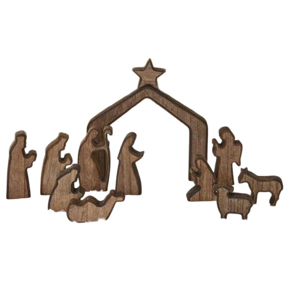 Easter Wooden Nativity Scene Decoration, Religious Brown Wood Tabletop Ornament for Home, Church, Shelf and Spring Holiday Display