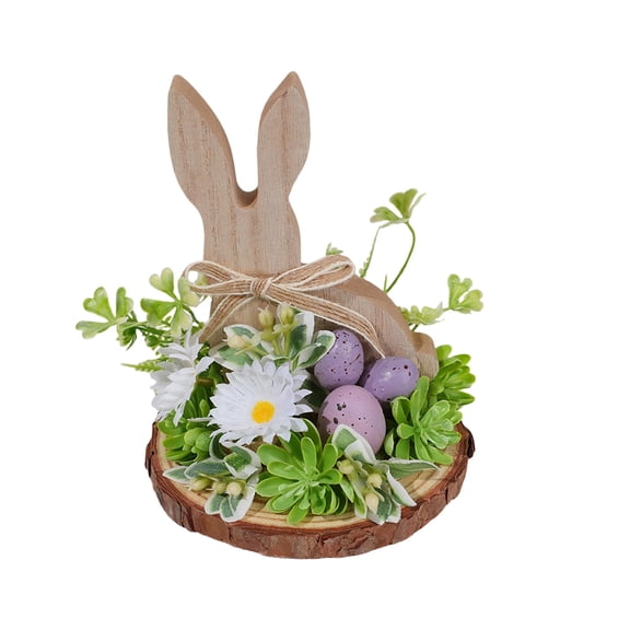 Easter Wooden Ornaments Rabbits Eggs Flower Style, Home Bucolic Style Desktop Cute Decoration for Shelf and Table