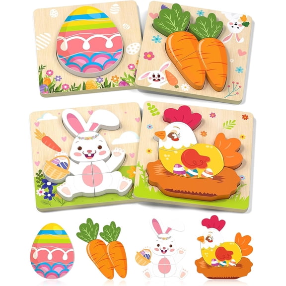 Easter Wooden Puzzles Toddler Toys, 4 Pack Party Favors Baskets Essentials Birthday Gifts Montessori Toys Easter Basket Stuffers Puzzles for Toddlers Kids Girls Boys