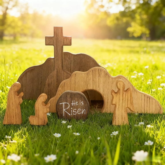 Easter Wooden Resurrection Scene Set with He is Risen Stone - 6 Pcs Christian Empty Tomb Decor with Cross & Angel Figurines for Spring Home,Religious Easter Decorations for Home Church Gifts