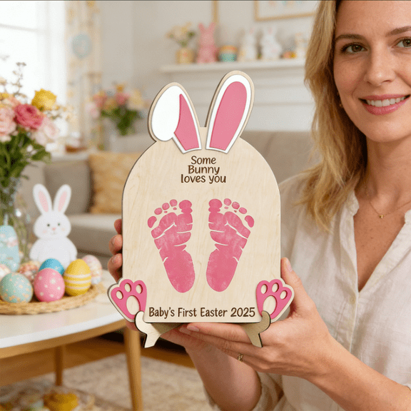 Easter Wooden Sign, Bunny Handprint Keepsake, Memory Board, Home Decor, Personalized Gift, 1Pcs, 10x7", Pink