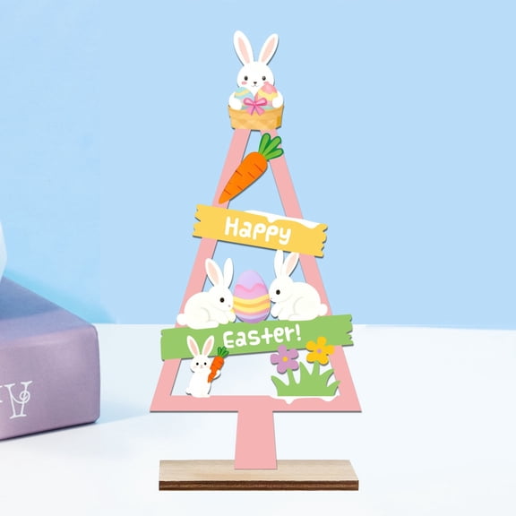 Easter Wooden Table Sign Happy Easter Tabletop Centerpiece Signs Triangular Shaped Cutout Wood Block Sign Cute Rabbit Tiered Tray Ornament for Spring Farmhouse Decor