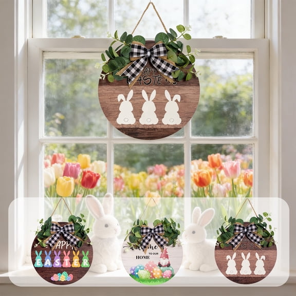 Easter Wooden Welcome Sign Door Hanger - Handcrafted Rustic Wall Decor with Greenery for Front Door Indoor Outdoor, Festive Farmhouse Home Decoration, Spring Holiday Porch Accent, 12*12in, Colorful