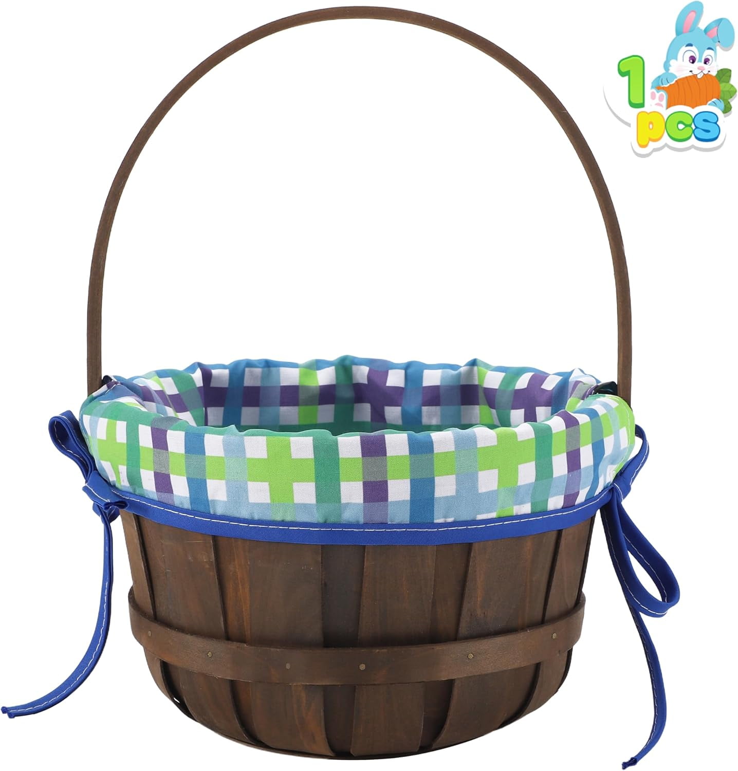 Easter Woven Basket with Lining, Brown Wooden Easter Egg Hunt Basket with Handle for Picnic,Goodie Storage, Gift Packing, Party Favors Supplies Decorations, Filling with Candy(12.4" x 9.1")