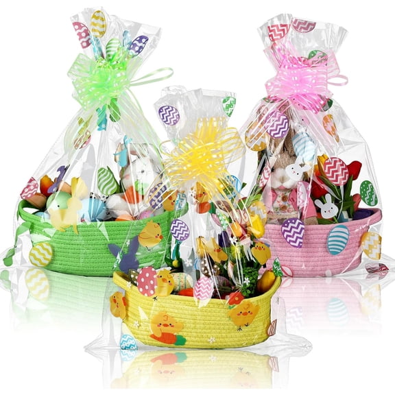 Easter Woven Baskets with Cellophane Gift Bags Bows, Empty Bunny Eggs Rope Basket for Gift Wrapping Storage Party Decor