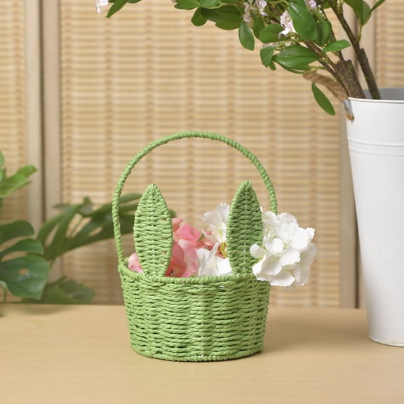 Easter Woven Bunny Basket - Easter Bunny Basket Cute Ears Tote, Rabbit Ear Straw Wicker Easter Egg Candy Basket, Handmade Easter Basket with Handle for Hunts Flower Arrangements & Spring Picnics