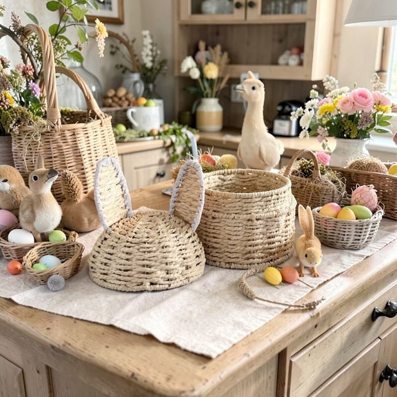 Easter Woven Bunny Basket Long Eared Storage Bin with Lid Egg Holder Gifts for Spring Party Decor Iron Wire Easter Egg Basket