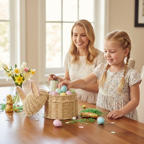 Easter Woven Bunny Basket Long Eared Storage Bin with Lid Egg Holder Gifts for Spring Party Decor Iron Wire Easter Egg Basket