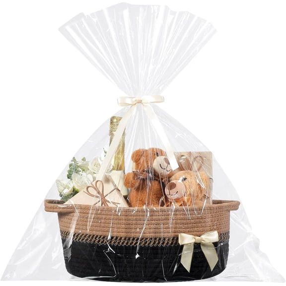 Easter Woven Gift Basket Empty with Ribbons Bow Tie and Bag, Easter Empty Decorative Chest Box, Woven Rope Storage with Handles Home Decor(14 x 10 x 5.5 Inch,Black Brown)