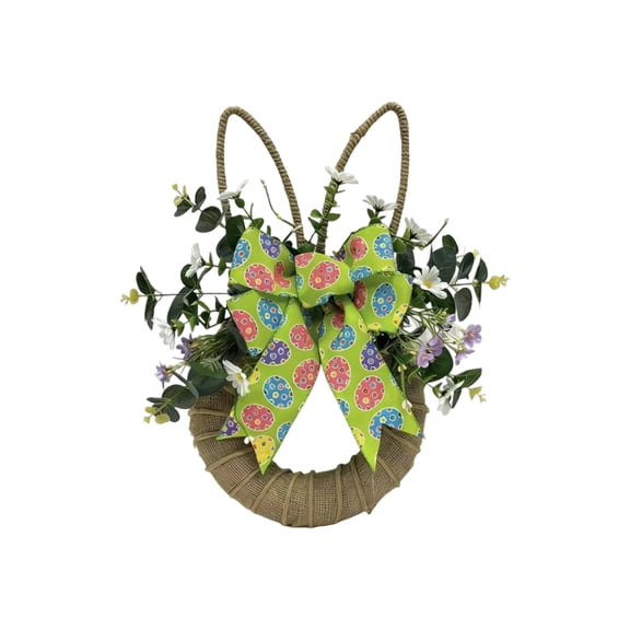 Easter Woven Rattan Bunny Wreath with Artificial Greenery & Blooms – Spring Door Hanging Decoration for Festive Home & Garden (19")