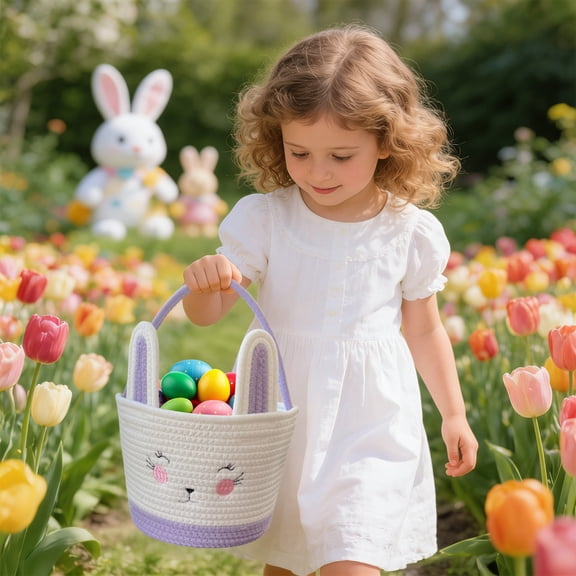 Easter Woven Storage Basket with Handle, 9.06 x 9.06 x 7.09 Inches Rattan Bin for Toys Blankets & Home Decor, Collapsible & Multifunctional Storage Solution for Living Room & Bedroom