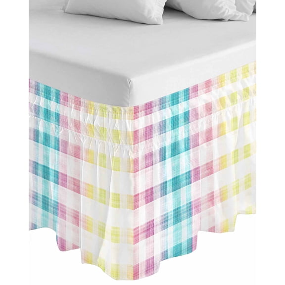 Easter Wrap Around Bed Skirts for California King Bed 16" Drop,Bed Skirt with Adjustable Elastic Belt Dust Ruffle Bed Valance for Bedroom Colorful Plaid Ombre Art Yellow Pink Green Bed Frame Cover