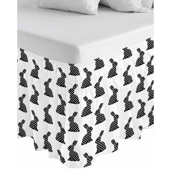Easter Wrap Around Bed Skirts for California King Bed 16" Drop,Bed Skirt with Adjustable Elastic Belt Dust Ruffle Bed Valance Black Pots Bunny Rabbit Farmhouse Bunny Rabbit Bed Frame Cover