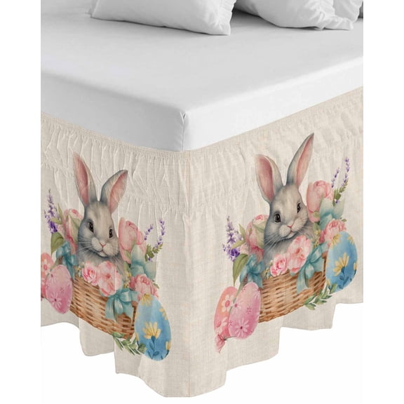 Easter,Wrap Around Bed Skirts for California King Bed 16" Drop,Bed Skirt with Adjustable Elastic Belt Dust Ruffle Bed Valance Rustic Easter Basket Eggs Rabbits Tulip Lavender Bed Frame Cover