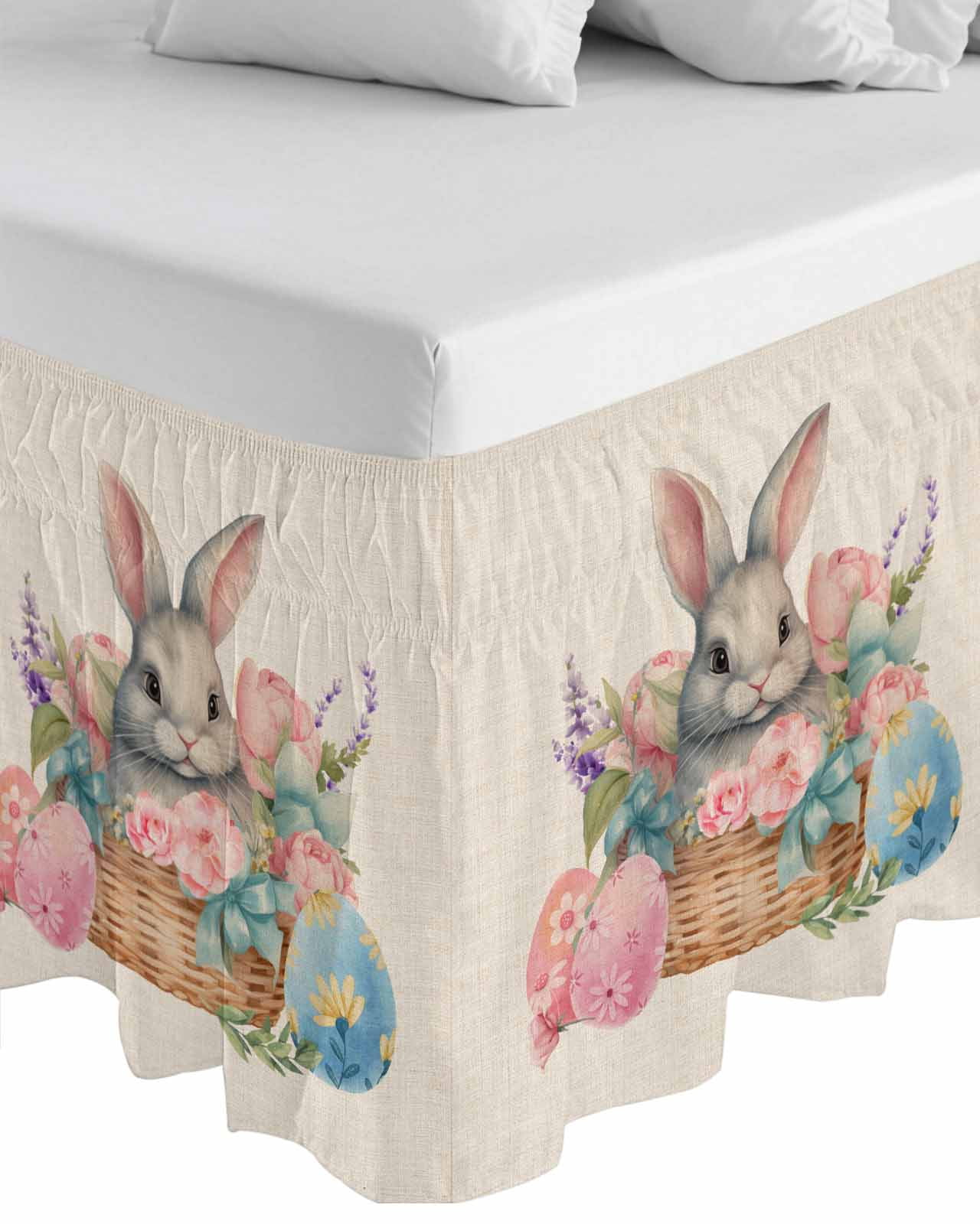 Easter,Wrap Around Bed Skirts for Queen Bed 16" Drop,Bed Skirt with Adjustable Elastic Belt Dust Ruffle Bed Valance for Bedroom Hotel Rustic Easter Basket Eggs Rabbits Tulip Lavender Bed Frame Cover