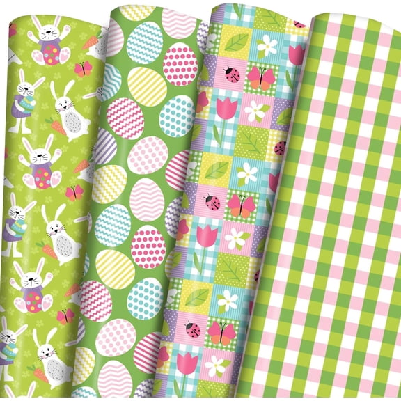 Easter Wrapping Paper - 8 Sheets,4 Spring Designs (Bunnies, Eggs, Gingham), Foldable 20" x 29" for Easter Baskets, Kids Party, Baby Shower