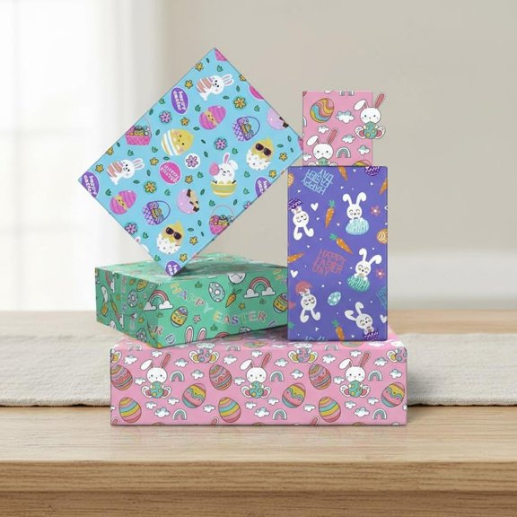 Easter Wrapping Paper, Cute Rabbits Bunny Carrot Chick Easter Egg Patterns Gift Wrap Paper for Spring Holiday Party Favor Gift Wrapping Art Crafts Supplies - Folded Flat/4 Designs