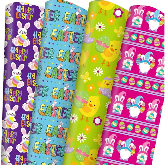 Easter Wrapping Paper Rabbit Chick Eggs Bunny Gnome Assorted Colors & Design, Folded Happy Easter Bunny Flat Gift Wrap Paper - Jumbo Sheets for Spring Birthday