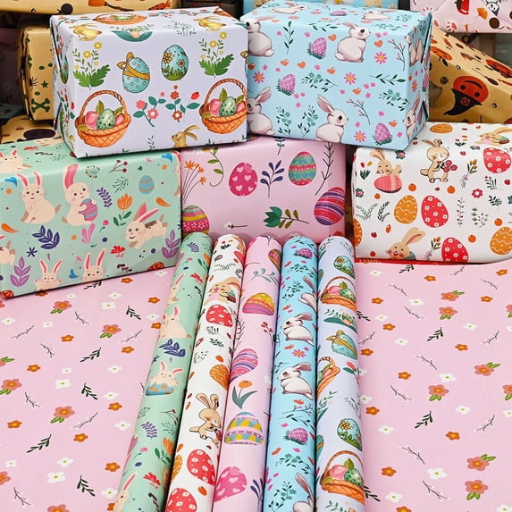 Easter Wrapping Paper Sheet - Spring Easter Rabbits Eggs Pattern for Birthday, Holiday, Party, Baby Shower - 20 inch X 28 inch Per Sheet