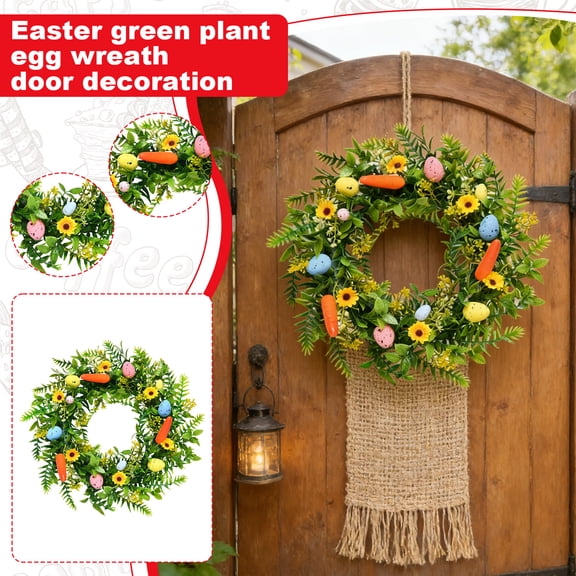 Easter Wreath, 3D 16Inch Artificial Greenery Wreath With Colorful Eggs Carrots Daisies, For Front Door Wall Staircase Home Party Decoration