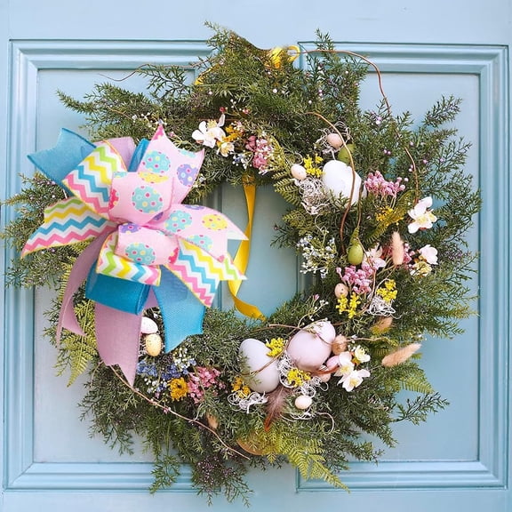 Easter Wreath Bows, Pre-Tied Striped Easter Egg Wired Ribbon Spring Bow, Tree Topper Bow for Front Door Indoor Outdoor Spring Farmhouse Bow