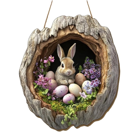 Easter Wreath Bunny Wooden Sign for Front Door, Spring Rabbit Egg Wall Decor, Farmhouse Indoor Outdoor Porch Fireplace Window Hanging Welcome Banner, Reusable Easy-Install Holiday Decoration,Beige