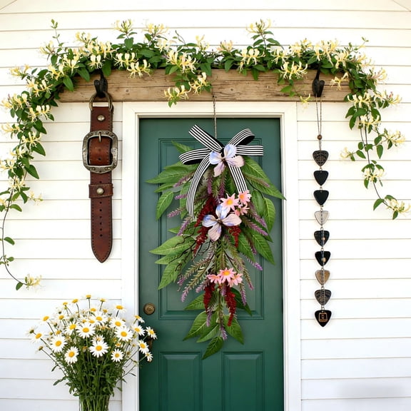 Easter Wreath Butterflies Daisies Purple Sorghum Green Leaves Hanging Decoration for Front Door Home Wall, 60x25cm Cloth Spring Seasonal Wall Art Piece