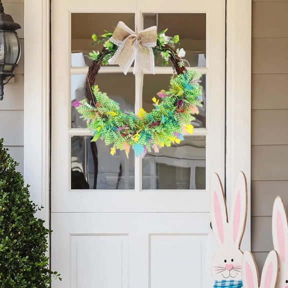 Easter Wreath - Colorful Eggs Bunnies Ribbons Decor, Indoor Outdoor Party Door Hanging, Weatherproof, 45cm, Festive Gift