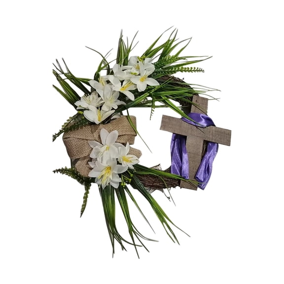 Easter Wreath with Cross 16" Spring Door Decor Handmade Summer Lily Greenry Wreath for Front Door Religious Holiday Home Family Celebrations Christian Easter Decor