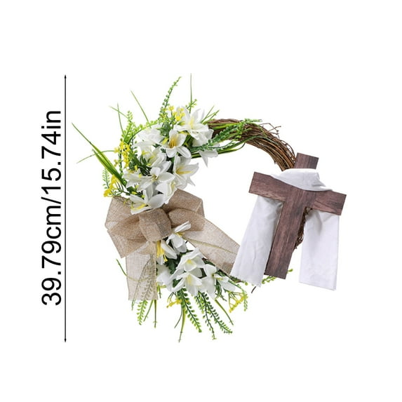 Easter Wreath with Cross Garland,16" Spring Door Decor,Handmade Rustic Easter Wreath for Front Door,Religious Holiday Home Decoration for Easter,Lent,Family Celebrations,Easter He He Is Risen Wreath