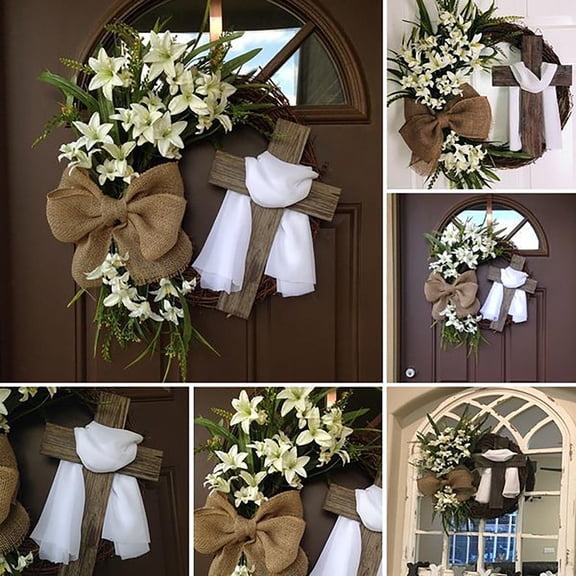 Easter Wreath with Cross Garland,Easter Wreath Decor for Front Door Welcome Home Sign Easter Garland Rustic Grapevine Wreath Spring Flower Decorating Easter Home Decor(White)