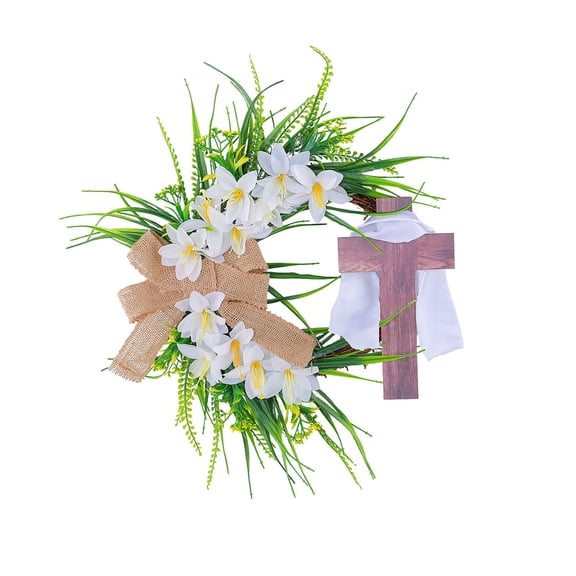 Easter Wreath with Cross Garland - Spring Door Decor, Handmade Rustic Wreath for Front Door, Holiday Home Decoration for Easter, Lent, and Family Celebrations