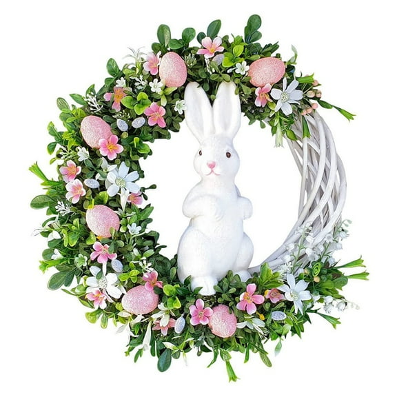 Easter Wreath Decoration-15.7 Inch Easter Wreath for Front Door Spring Wreath with Bunny, Artificial Green Leaves & Flower Wreaths Easter Eggs Wreath Garland Farmhouse Home Indoor Outdoor Easter Decor