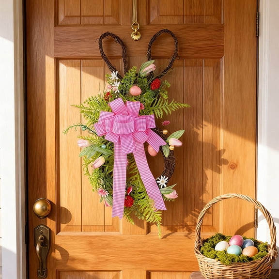 Easter Wreath,Easter Dead Branch Rabbits Wreath with Pink Bow,Outdoor Courtyard Decoration for Spring Seasonal Decor Home Decor Collection