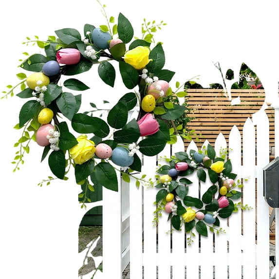 Easter Wreath,Easter Wreath for Front Door 16 inch Spring Wreath with Eggs & Roses Colorful Flower Door Wreath Decor for indoor/Outdoor Wall Farmhouse Easter Holiday (Mul