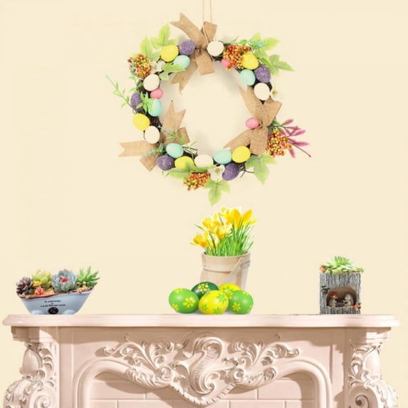 Easter Wreath for Front Door,12 Inch Artificial Easter Egg Wreath with Mixed Flowers,Burlap and Eggs,Spring Easter Door Wreaths for Wall Easter Decortiaons