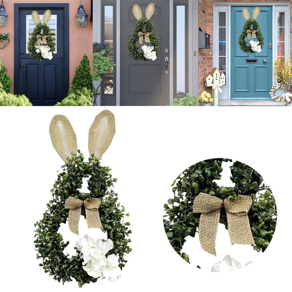 Easter Wreath for Front Door,24 Inch Easter Bunny Wreath Spring Bunny Shaped Artificial Flower with Greenery Colorful Daisies Bow Knot for Front Door Summer Farmhouse Holiday Wall Home Window Decor