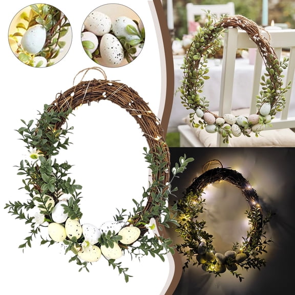 Easter Wreath for Front Door With Eggs, Unique Egg Shaped Spring Wreath Decoration with Pastel Eggs, Artificial Farmhouse Indoor Outdoor Wall Window Decor-11.8''