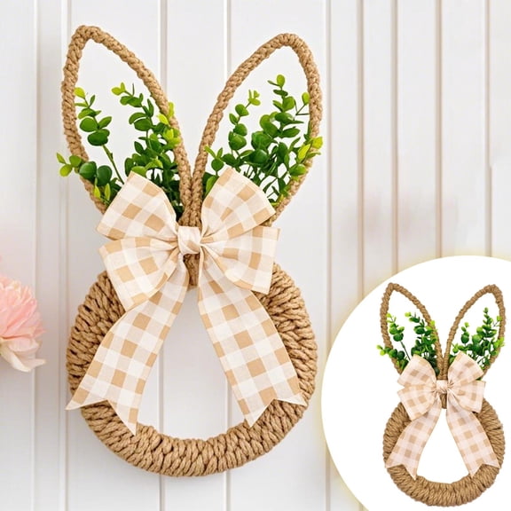 Easter Wreath Rabbit Wreath Door Wreath With Burlap Bow Suitable For Home And Wall Decoration With Green Leaves Suitable For Spring Decoration Wreath 17.7"X17.7" Easter Decorations