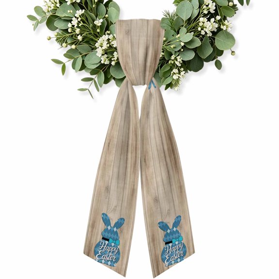 Easter Wreath Sash for Front Door, Vintage Blue Cute Rabbit Brown Wooden Grain Wreath Bow Holiday Garland Ribbon Wreath Accessories for Home Yard Porch Doorway Fall Christmas Decorations Gifts